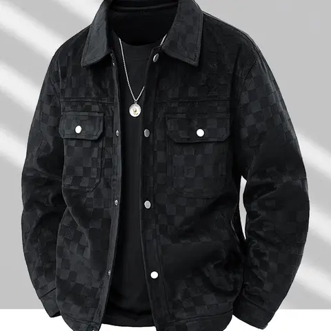 Men's Stylish Plaid Collared Suede Jacket, Coats, Outerwear, Loose Comfortable Windproof Warm Jacket for Outdoor Activities, Perfect for Fall & Winter, Casual Wear