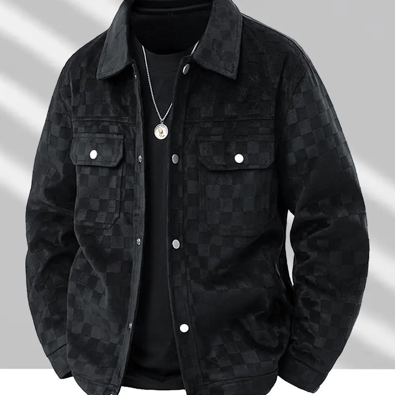 Men's Stylish Plaid Collared Suede Jacket, Coats, Outerwear, Loose Comfortable Windproof Warm Jacket for Outdoor Activities, Perfect for Fall & Winter, Casual Wear