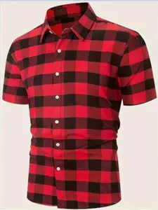 Men's Summer New Classic Simple Plaid Shirt, Short Sleeve Casual Button-Down, Fitted Lapel Design, Versatile and Stylish