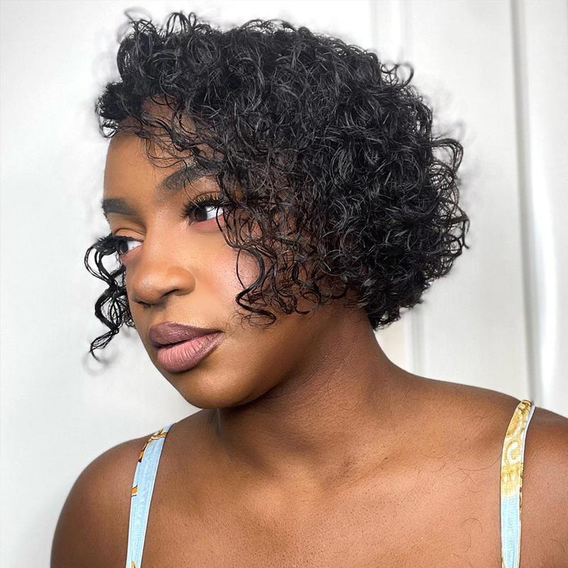 OQHAIR 8 Inch 13x4 Lace Front Pixie Wigs Summer Look Short Curly Wigs Human Hair 180 Density
