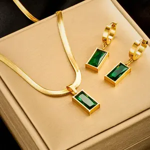 Fashion Square Green Stone Necklace & Earring Set