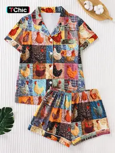 Women's Two-Piece Rooster Full-Print Sleepwear Set, Soft Breathable Fabric, Casual Fitted Short Sleeve Top and Shorts, All Seasons Pajamas