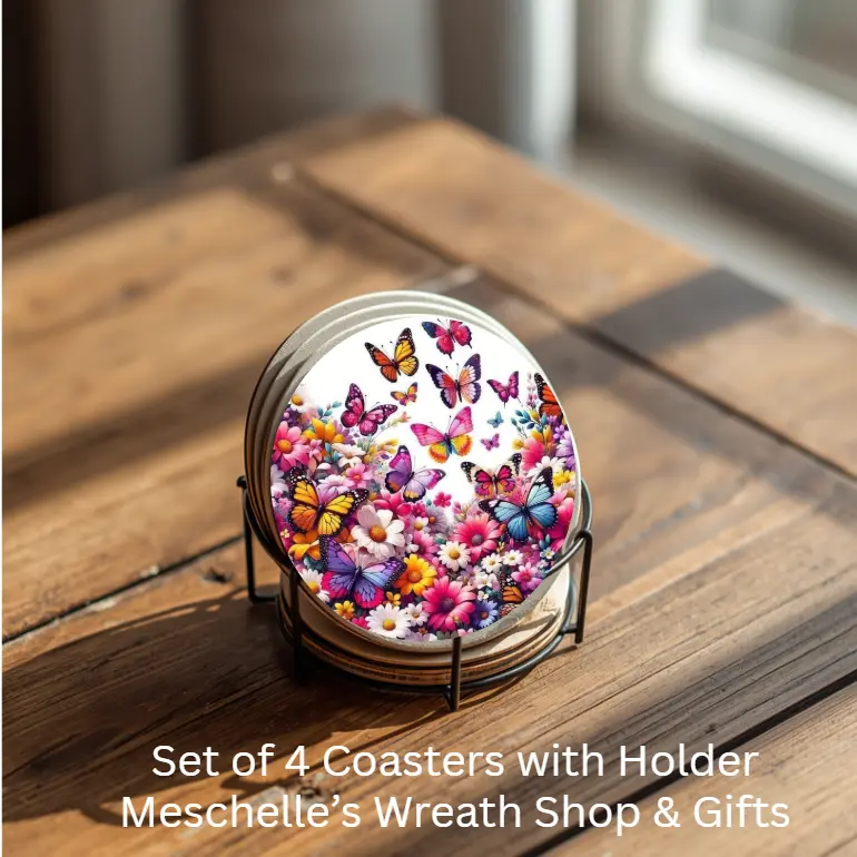 Ceramic Coasters Set - 4 Round Spill-Proof Butterflies & Flowers Design Coasters with Metal Holder, Home Kitchen Tableware for Room Decor
