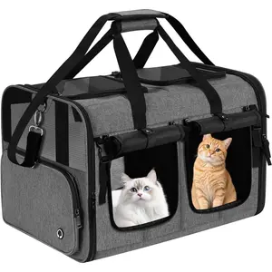 Foldable Double Cat and Dog Carrier for 2 Small to Medium Cats, 2 Front Zippered Compartments Multiple Cat Travel Carrier with Flat Pocket, Dark Gray