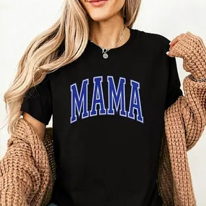 Women's Fitted Cotton Short-Sleeve Crew Neck Tshirt - Camo Digital Print Mama Puff Top with Bold Blue Lettering, Casual Wear