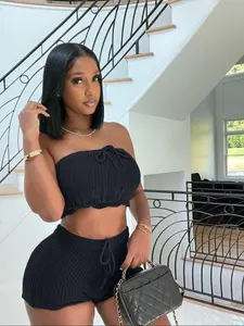 Women's Solid Crop Knit Tube Top & Adjustable Drawstring Shorts Set, Summer Clothes Women, Sleeveless Cropped Top & Shorts, Casual Summer Co-ords Outfits Clothes Set