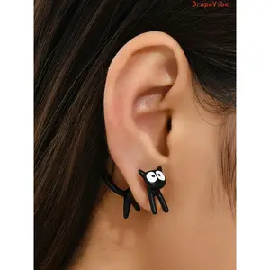 Cute Star Bell Cat Dangle Earrings Kawaii Cartoon Metal Chain Stylish Jewelry For Women And Girls Daily And Party Wear