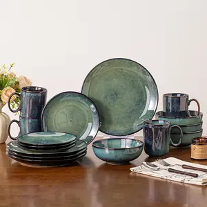 8-piece ceramic tableware set, Western style tableware, suitable for 2 people, kiln turned ceramic tableware, fog green, including steak plate, salad bowl, cup, microwave safe, machine washable
