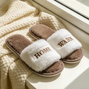 Embroidered HOME WARM Plush Slippers | Soft Comfort Home Footwear | Cozy Essential for Her