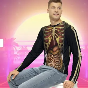 Skeleton/Zombie Long Sleeved Mens Graphic Tee Shirt With Insect Wings, Classic Halloween Costume And Cosplay Shirt Scary/Creepy Classic Halloween