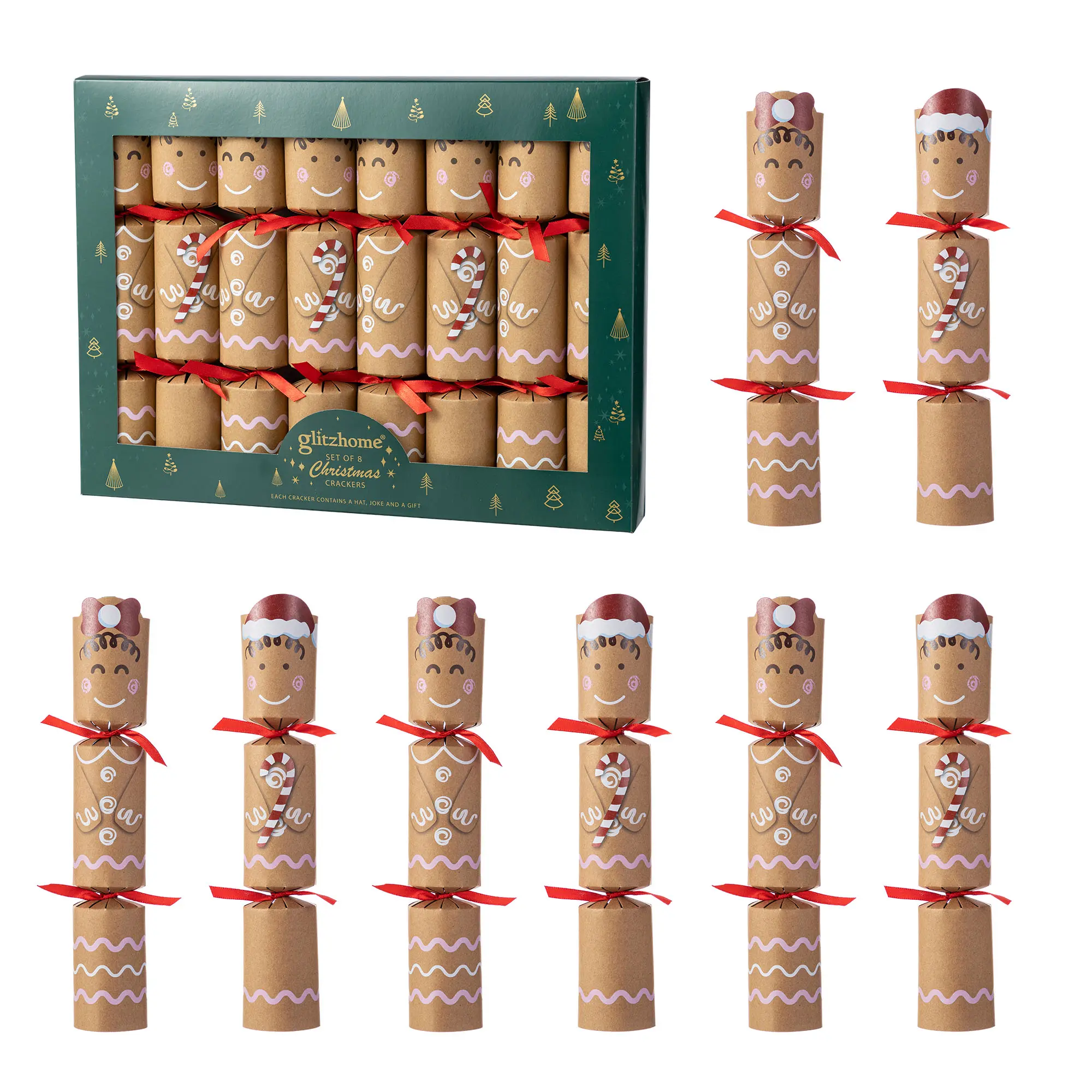 Glitzhome 8-Pack Christmas Gingerbread Man Party Crackers, 2.00''D x 12.00''H, with Gift Contents, Festive Decor & Ornaments for Home Party Supplies