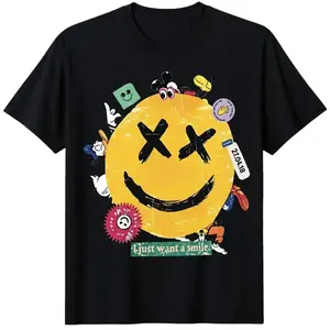 KAWS Style X-Eyes Smiley Face Tee ‍ 'I Just Want A Smile' Cartoon Sticker Bomb | 100% Cotton Heavyweight Oversized T-Shirt