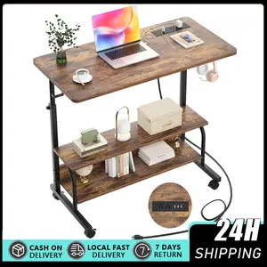 Rolling Standing Desk with Power Outlets, 31.5" Manual Height Adjustable Mobile Computer Desk with Wheels, Small Portable Sit Stand Laptop Couch Table for Bed & Sofa Home Office, 31.5-inch manual standing office desk, portable computer table