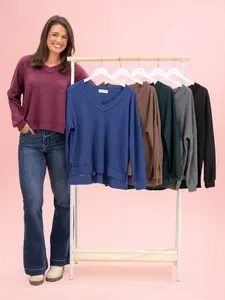 V Neck Waffle Knit Long Sleeve Top by DD Design | S-3XL