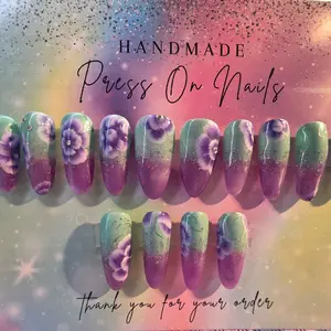 Lavender and Mint Press On Nails with Glitter, Hand Painted Floral Motif, Salon Quality, Reinforced with Rubber Base Coat & Builder Gel colorful fake nail fashionable