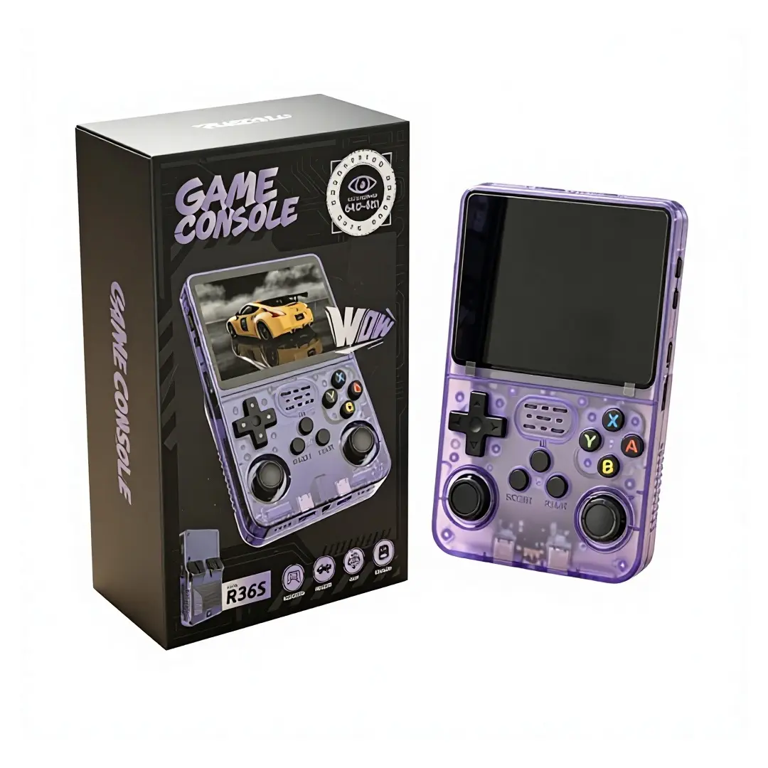 R36S Handheld Retro Game Console with 21,000+ Games, 3.5" IPS Screen, and Dual TF Card 128 GB System, supports 20+ emulators and features HDMI and TV output, 3500mAh battery for long-lasting fun. (Purple)