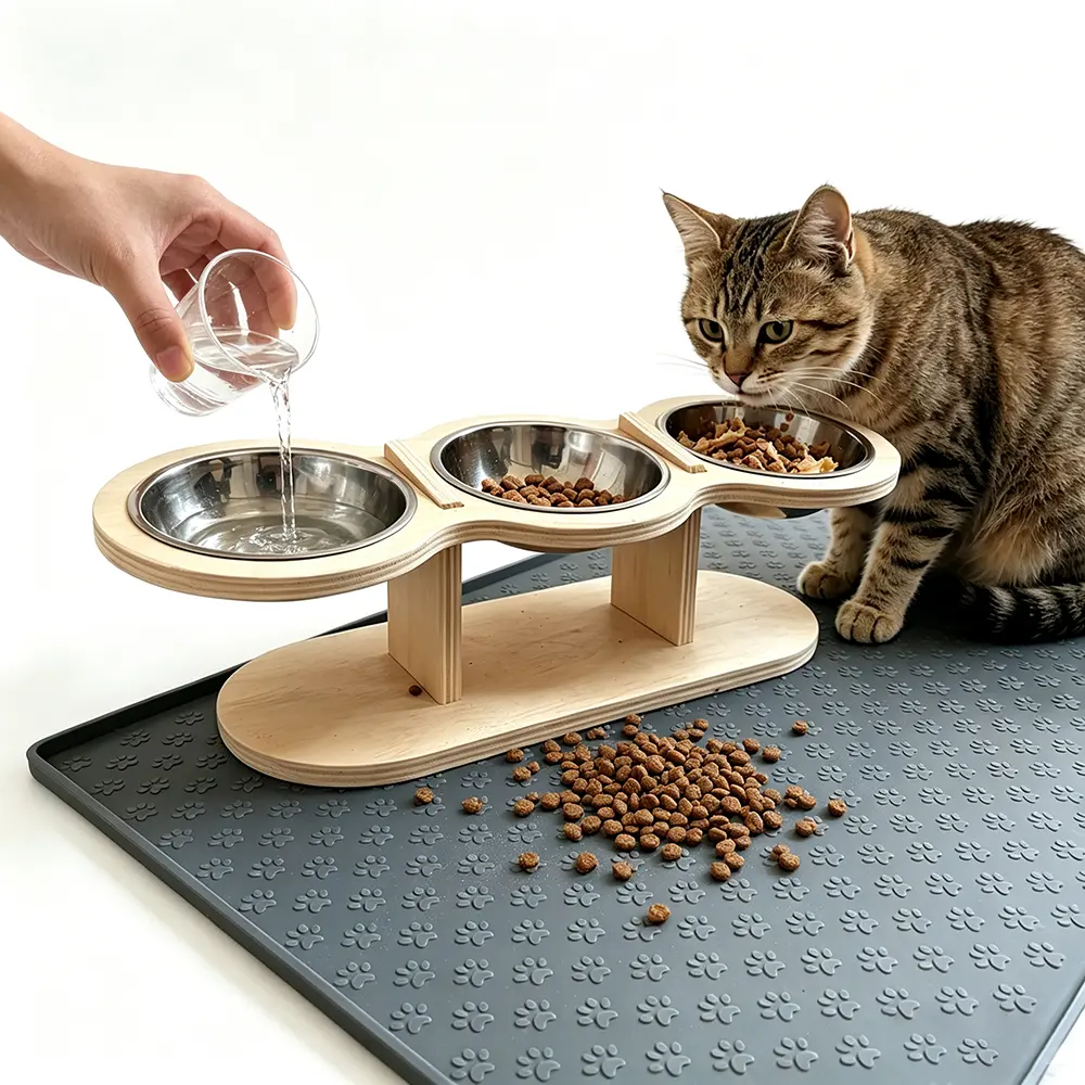 Elevated cat bowl with 15° tilted wooden stand with 3 stainless steel cat bowls for indoor cats, water bowl  raised food bowl small dogs and puppies cat stuff for indoor #SummerWins#DealsForYouDays