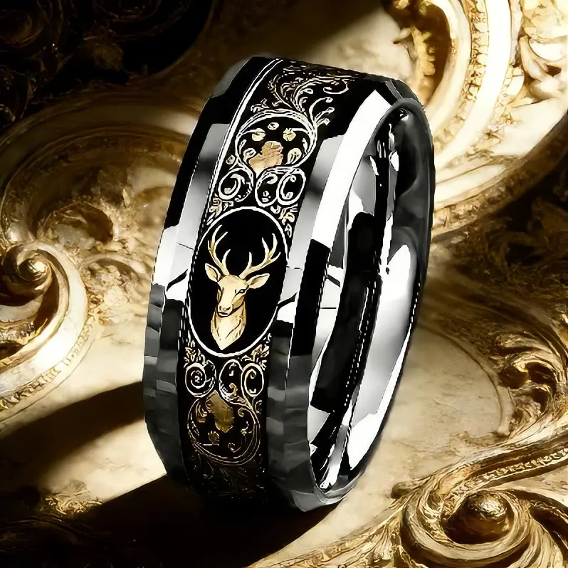 8mm men's black tungsten carbide ring, golden deer head retro floral pattern, polished comfortable inner ring wedding ring, personalized jewelry, anniversary and birthday gifts for men