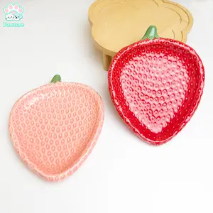 Ceramic Cat Food Bowl 6.6 Inch, Whisker Fatigue Free Shallow Wide Dish for Cats, Non-Slip Kitten Plate for Wet & Dry Food, Strawberry Design