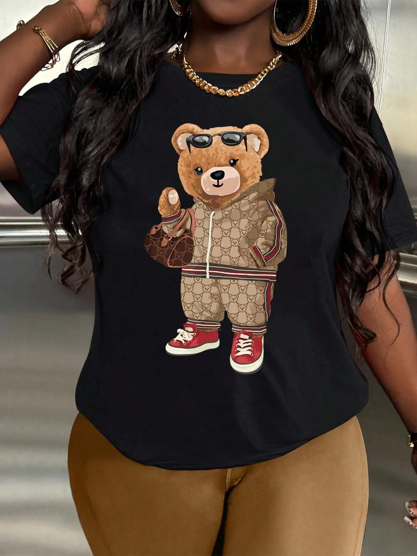 Women's Cartoon Bear Print Round Neck Tee, Fashion Casual Streetwear Crew Neck Short Sleeve Fitted T-Shirt Casual Trendy Tee for Daily Holiday Vacation Outdoor Wear, Ladies Clothes for Summer