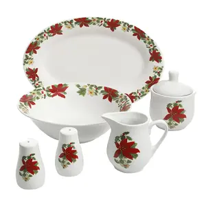 Gibson Home Holiday Poinsettia 7 Piece Porcelain Serving Set