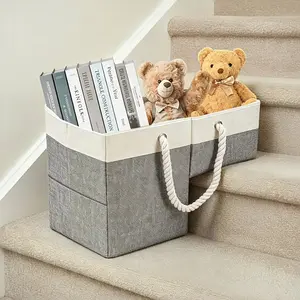 Stair Basket, 16 x 10 x 8 Inches Stair Basket for Stairs with Handle, Clothes Storage Bins, Foldable Staircase Storages Organizer, Versatile Sturdy Bag for Toys, Clothes, Books, Tools (Gray)