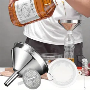 Kitchen Funnel for Filling Bottles, 5 Inch Stainless Steel Food Funnels with Strainer and 200 Mesh Filter, Metal Funnel Set for Transferring Canning Oil Coffee