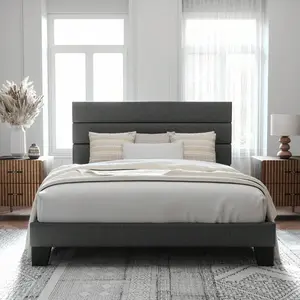 Twin/Queen/King/Extra-King Platform Bed Frame, featuring an upholstered headboard with slatted support and a fully upholstered mattress base; no spring mattress required; easy to assemble; dark gray* Bed Frame Queen Bed Frame