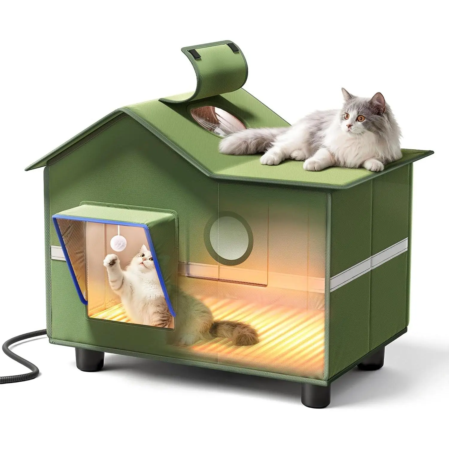 Outdoor cat house with heating function, large outdoor cat house equipped with a roof window and comfortable cushions, has weatherproof features, is foldable and easy to assemble, perfect for stray cats and wild cats