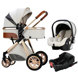 ACCMM 3-in-1 Luxury Lightweight Collapsible Quad Stroller - High Landscape Travel Pram for Newborns with Newborn Baby Items, 45.5" L x 26.3" W x 43" H, Collapsible Stroller