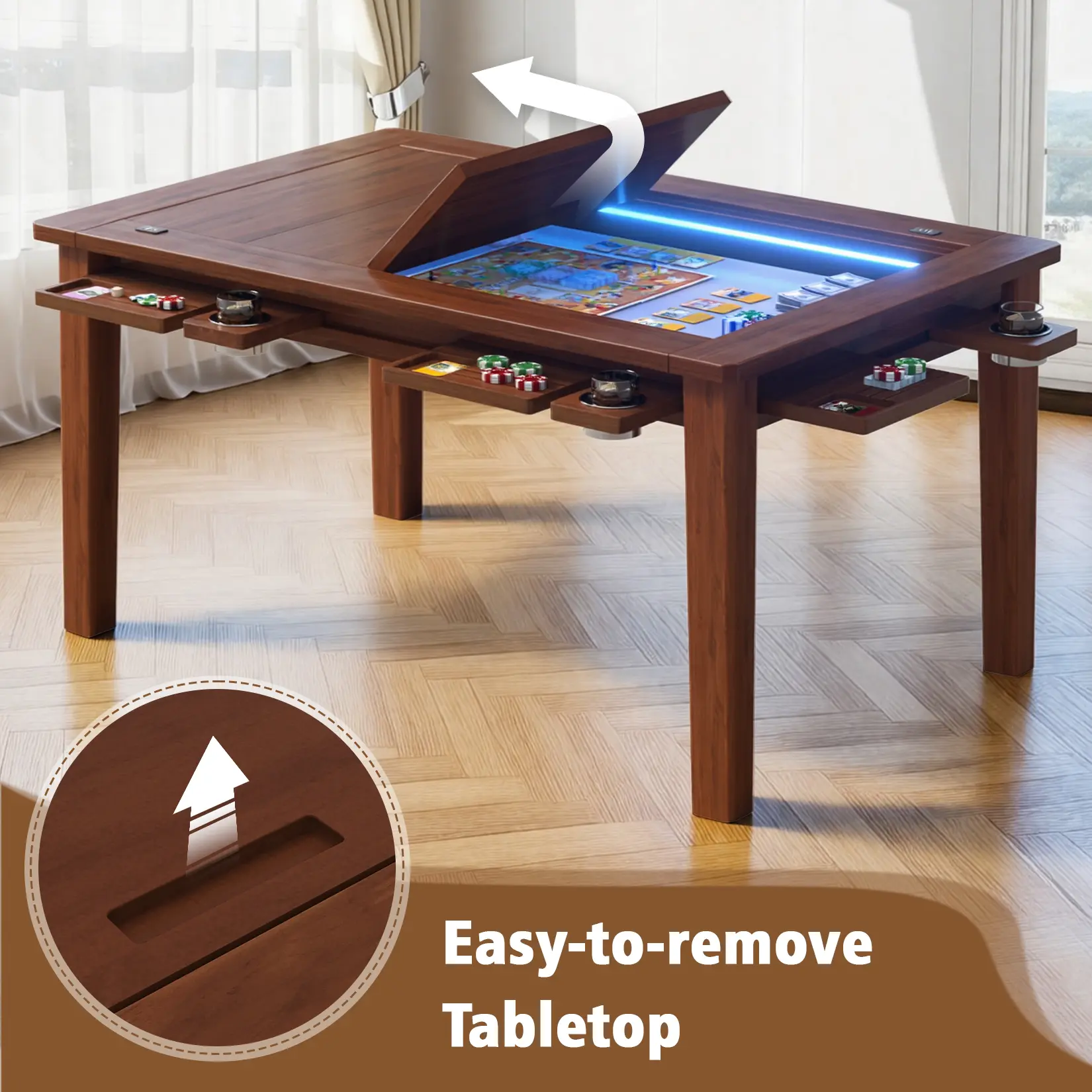 AHB Solid Wood Multi Game Table - Convertible Gaming & Dining Table with Removable Top, LED Lights, 4-6 Seats, Game Mat, 6 Cup Holders & Hobby Trays for Board Games Night & Parties