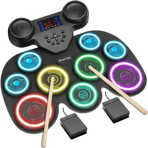 7-Color Dynamic LED Lights Electric Drum Set, 9-Pad  Drum Set  MIDI Support, Extra-thick Electric Drum Pads for  Rebound,  Christmas/Birthday  for