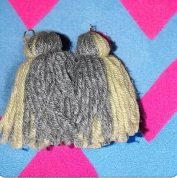 Yellow and grey mini handmade single knot tassle yarn earrings