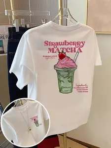 Front And Back Short-Sleeve T-Shirt - Strawberry Matcha, Trendy Summer Beverage Print • Women's Spring And Summer Fashion T-Shirt, Stylish Item
