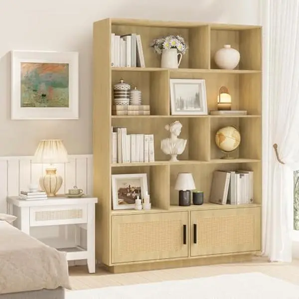 5-Tier Farmhouse Boho MDF Wood Bookshelf with Rattan Doors, Stable Spacious Storage, Tall Book Stand, Anti-Tip Lock, Indoor Shelf for Living Room, Home Library, Safe Anti-Tipping Device