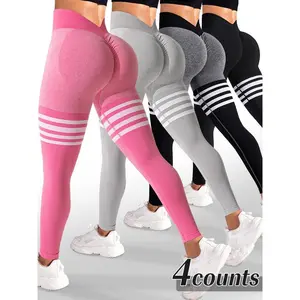 Women's Striped Print Ruched High Waist Sports Leggings, Sporty Comfy Breathable V-shaped Waist Skinny Pants for Yoga Gym Workout Running, Ladies Sportswear for All Seasons