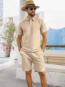 Men's solid-colored textured polo shirt and shorts two-piece set: a regular-fit casual top paired with drawstring pocket shorts, crafted from jacquard textured fabric, for men's daily, Sunny seaside vacations and casual outings