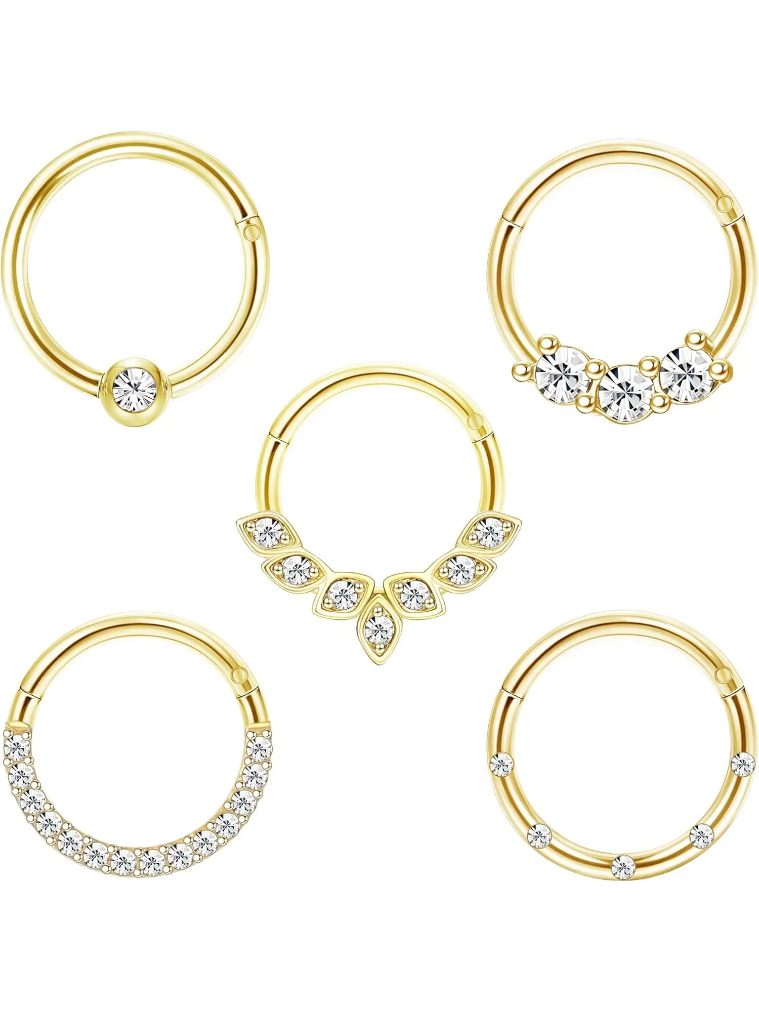 5 Pcs Daith Earrings Jewels 16G Stainless Steel Cartilage Helix Tragus Nose Hoop Piercing Jewelry 8MM 10mm Silver Gold Rose Gold Black Plated CZ Hinged Septum Clicker Rings Helix Pierced Ring Hinged Nose Hoops