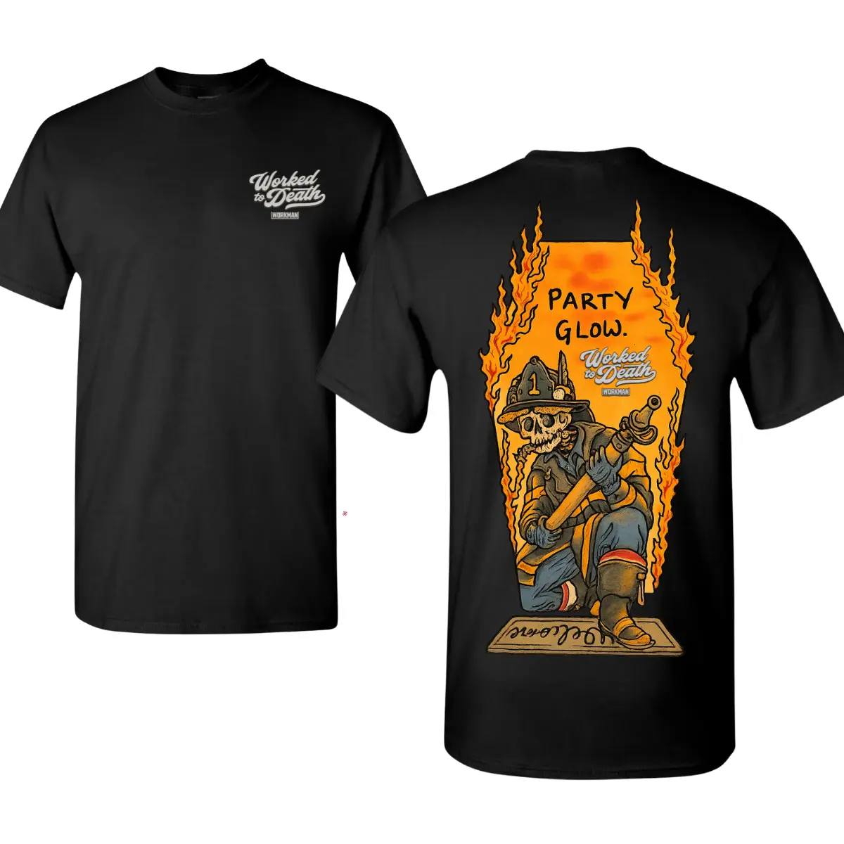 Worked to Death Firefighter T-Shirt with 2 Sides Graphic, Skull Fireman Illustration in Flames with “Party Glow” Back Print, Bold Firehouse Artwork, Soft Cotton Blend Shirt, Workwear Apparel Gift for Firefighters and First Responders