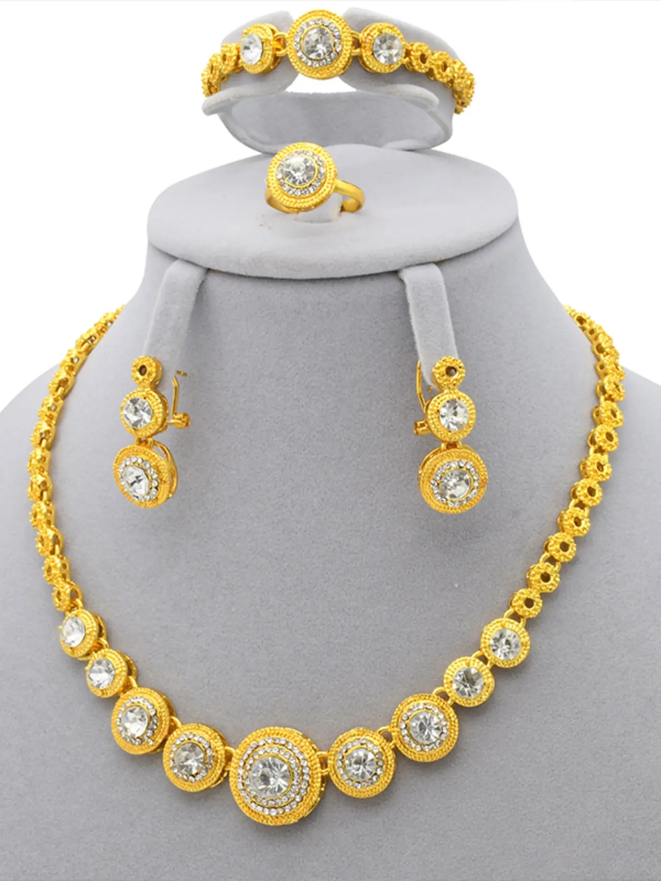 Jewelry Set for Women, 4-Piece Round Crystal Design, Dubai Arabic Style Necklace Bracelet Ring Earrings, Party Accessories, Gift