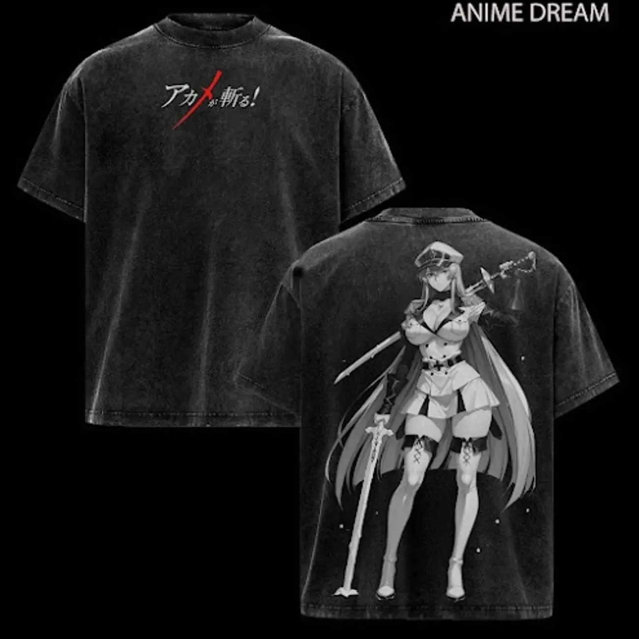 Esdeath Akame ga Kill! Anime Double Printed Vintage Washed Tee Unisex Oversize Anime Manga Washed Heavyweight Cotton T-shirt F7E