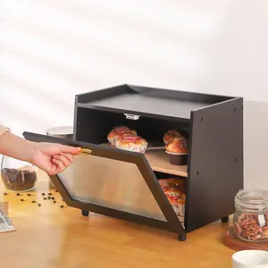 【GARVEE】Double Layer Large Bread Box for Kitchen Counter with Spacious Capacity, Farmhouse Style Bread Storage Container Featuring a Window and Bread Holder in Black