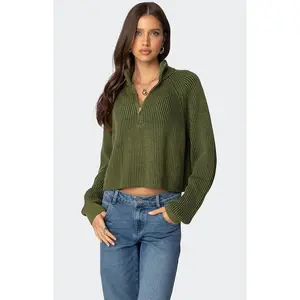Edikted Women's Cropped Rib Knit Half Zip Sweater