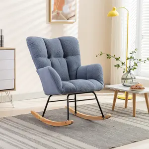Nursery Rocking Chair Teddy Upholstered Glider Rocker Rocking Accent Chair Padded Seat with High Backrest Armchair Comfy Side Chair for Living Room Bedroom Offices (Light Blue)