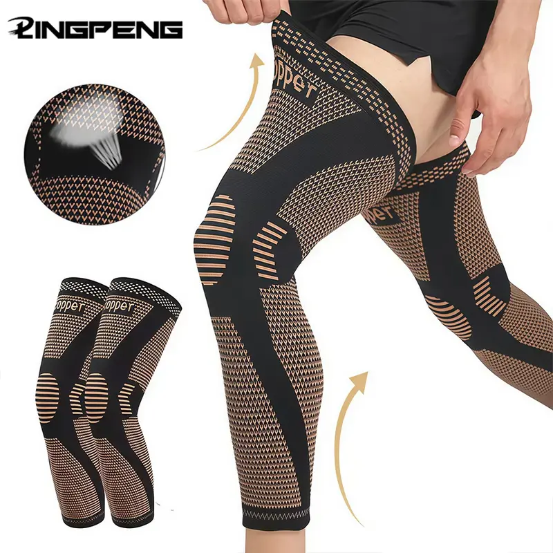 Copper Long Knitted Compression Knee Braces - One Compress Knee Sleeve - Sports Knee Sleeve - Full Leg Compression Sleeves for Men & Women - Support for Exercise