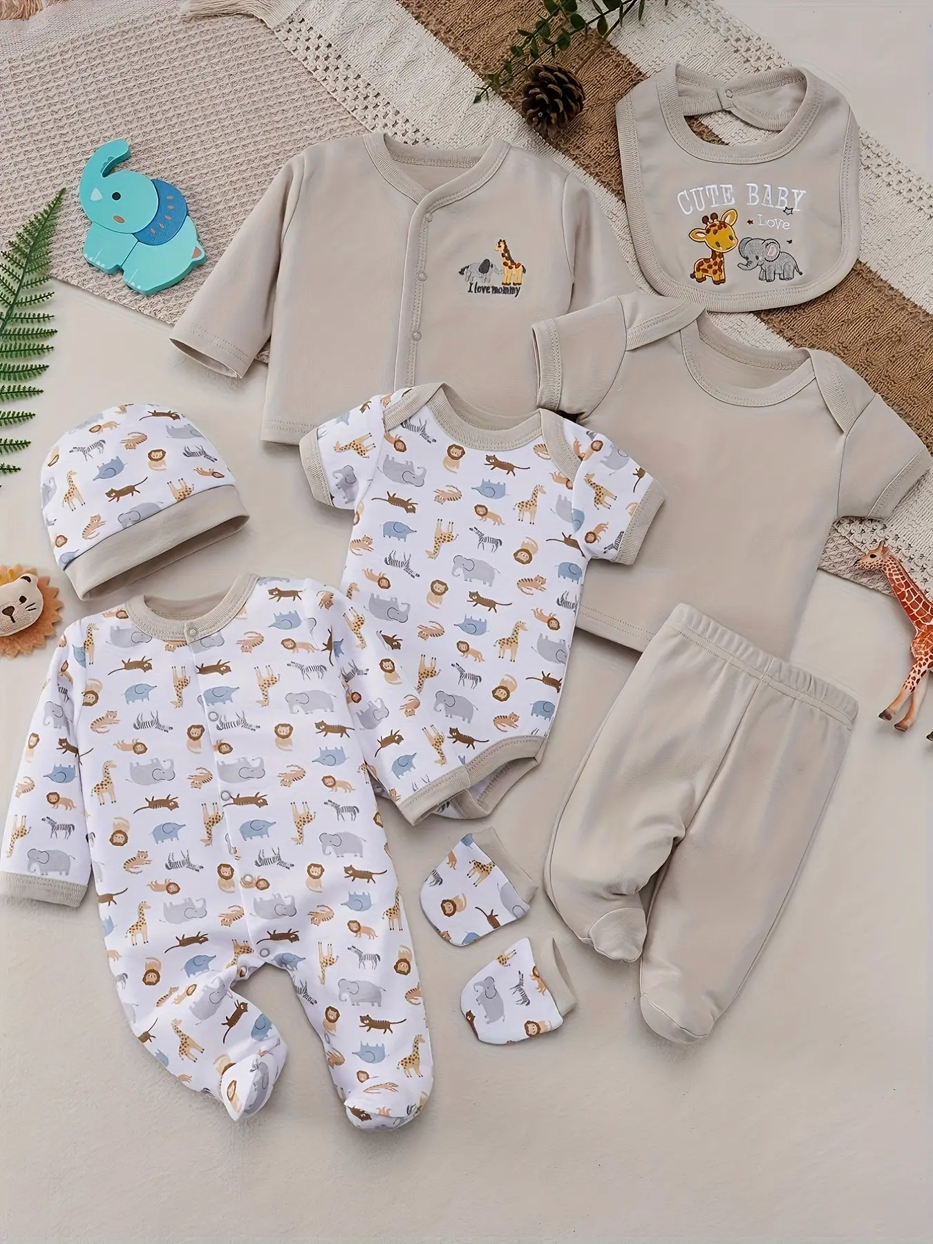 8Pcs Set for Baby Boys and Girls ,Spring/Summer Collection,Comfortable and  Soft, Featuring Lettering,Elephant, Giraffe, and Other Cartoon and Printed Patterns, Includes Long-Sleeve Romper with Hood, Bib, Socks, Pants, Jacket