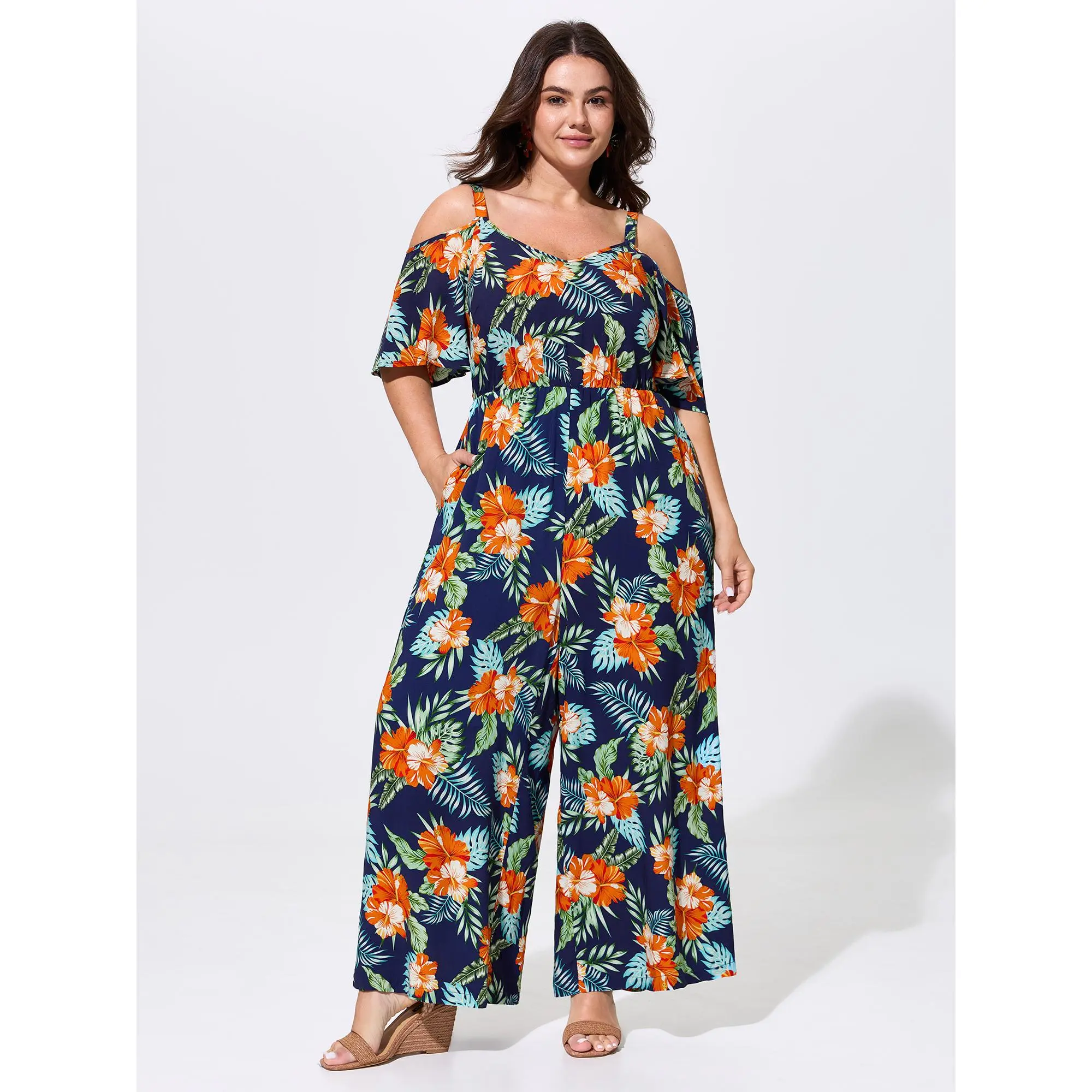 BloomChic Plus Size Bohemian Tropical Summer Jumpsuit in Breezy Rayon with Cold-Shoulder Detail and Side Pockets, Overalls, Smooth, Garment, Fit, Cold Shoulder Tops, Curvy Women Plus Size, Tropical Print, Crisp Polished Look, Do Not Tumble Dry, Fabric, Pl