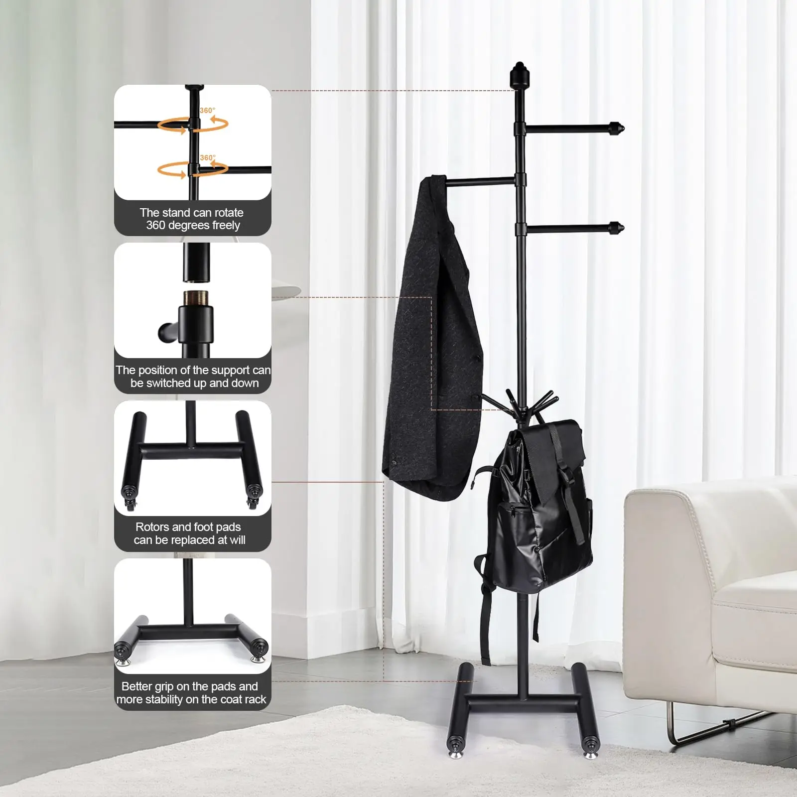 Adjustable Height Freestanding Coat Rack with Movable Wheels for Hanging Clothes, Jackets, Hats, Bags - Modern Design