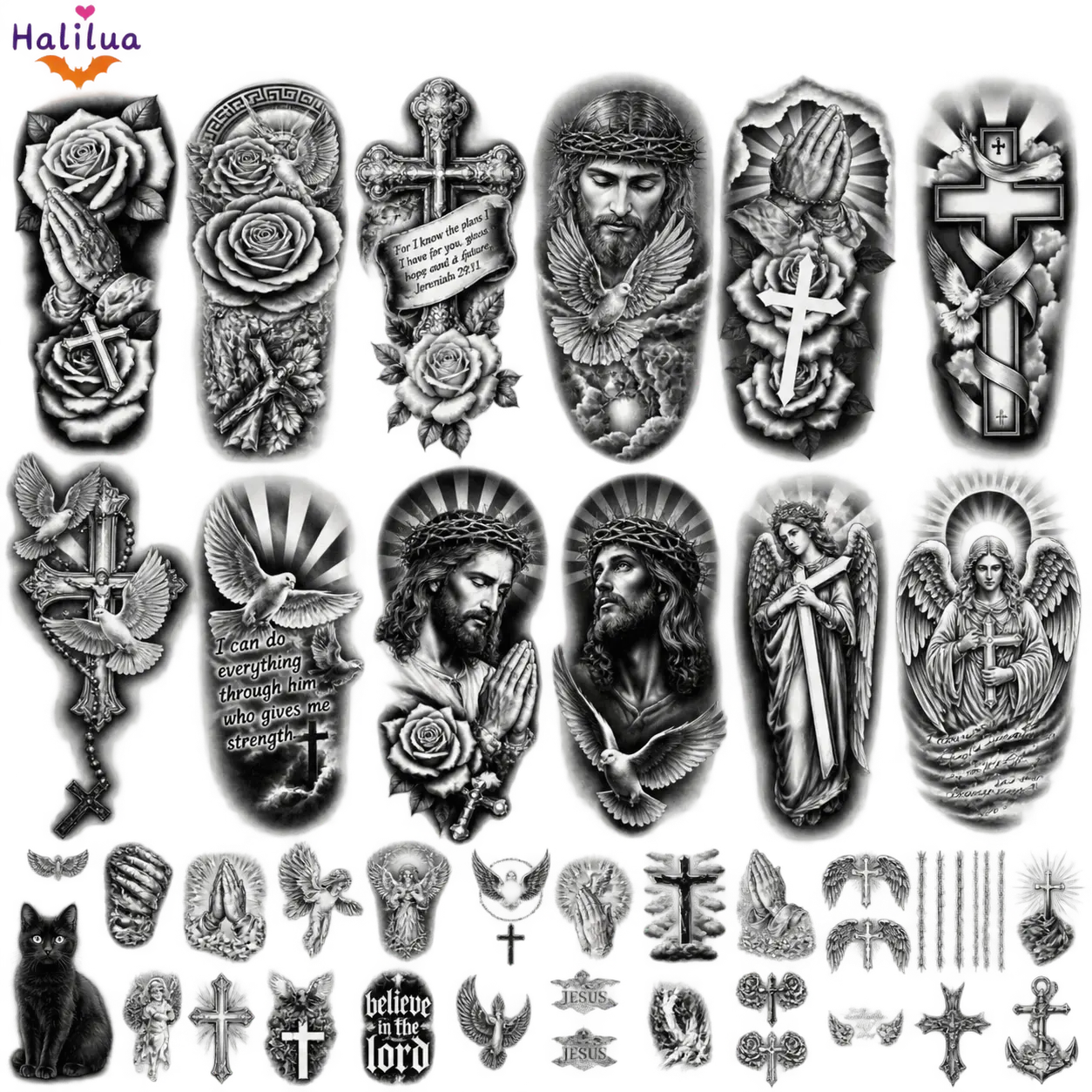 77 Sheets Christian Cross Temporary Tattoo for Women Men, 17 Sheets Half Arm Large Religious Jesus God Fake Tattoos, 60 Angels Black Christ Tiny for Adult Kids Body Tattoos Stickers Realistic