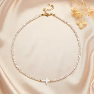 Shell Sideways Cross & Seed Beads Choker Necklace for Women, Cute Cross Beach White or Black Beaded Necklaces for Teen Girls